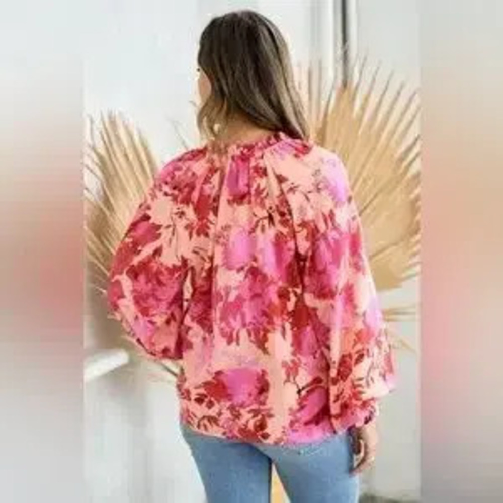 Hailey & Co Ruffle V-Neck Decor Button Floral Blouse - Picture 2 of 4